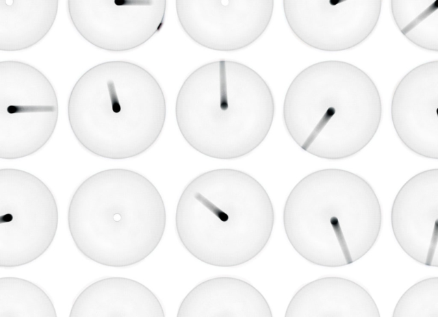 124 five-inch squared prints, each recording the ball on the dome for a duration of one quarter of a second. Rolling or staying put as it will. The experiment itself.